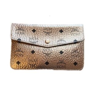 MCM Pink Gold Champagne Black Leather Envelope Wristlet Authenticate Card